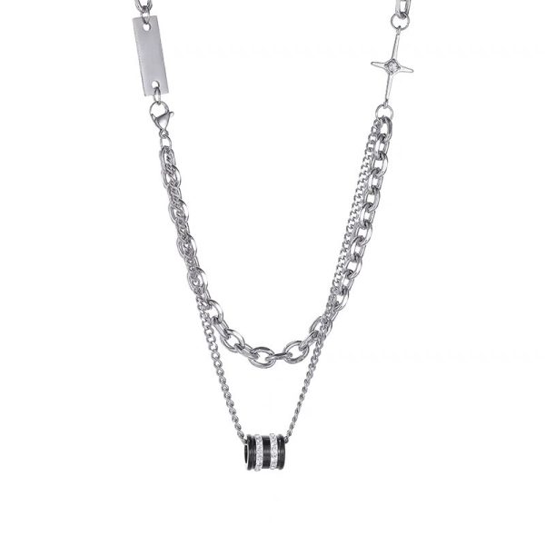The new double-layered diamond-encrusted beaded titanium steel necklace men's hip-hop trendy high-end collarbone chain is a versatile decoration - Image 5