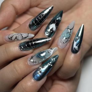 Cyberpunk metal style long tip 3D semi-handmade design wearable nail art nail piece pressed nail tip cross-border model