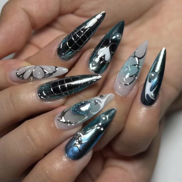 Cyberpunk metal style long tip 3D semi-handmade design wearable nail art nail piece pressed nail tip cross-border model