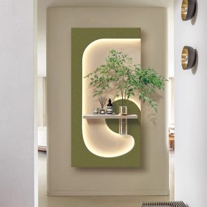 Cream style three-dimensional entrance decoration painting, hydroponic green plants, living room hanging painting, sandstone texture creativity, high-end wall lamp painting