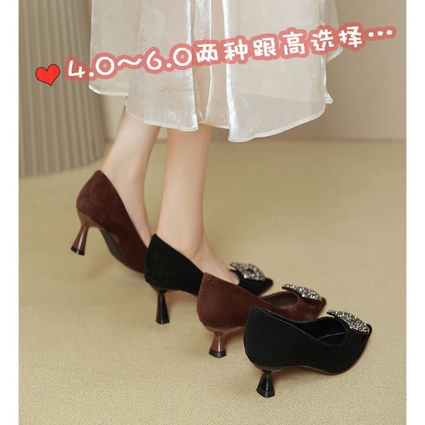 Pointed toe rhinestone high heels women's stiletto heels sexy 2025 new spring and autumn not tired feet black suede french shoes - Image 2
