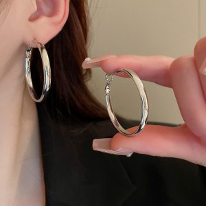 French Metal Circle Earrings Plain Ring Earrings 2024 New Trendy Niche Design Sense Unique Temperament Earrings Women