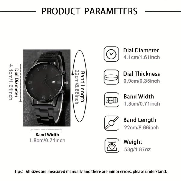 Men's Trend Roman Numeral Fashion Watch 4 Piece Set Men's Black Minimalist Quartz Watch Set - Image 5