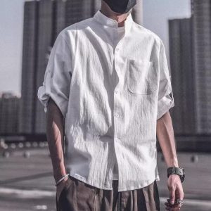 Seven-point linen short-sleeved shirt men's long-sleeved 2021 summer t-shirt casual inch clothes loose large size stand-up collar men's tide