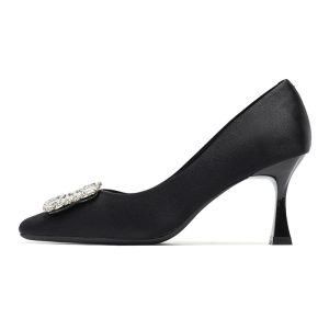 3788-8 Square toe thin heel rhinestone square buckle shoes for women, Korean pumps satin shoes, solid color commuter high heels, women's autumn