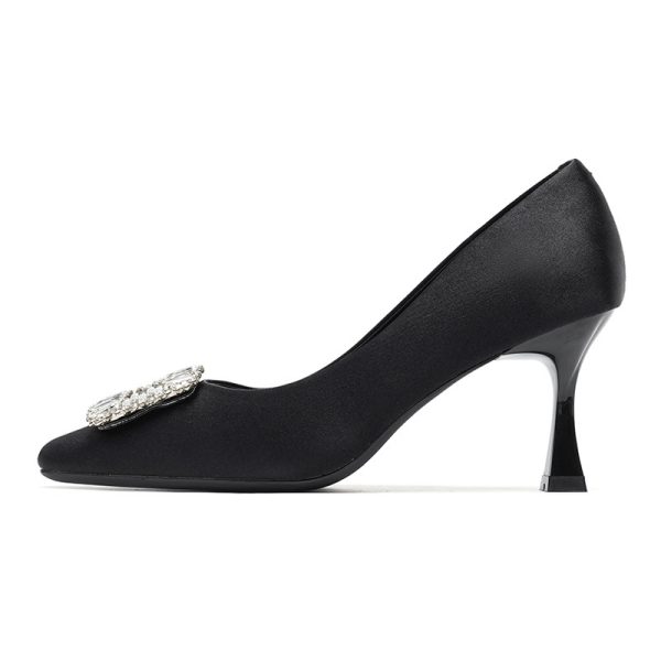 3788-8 Square toe thin heel rhinestone square buckle shoes for women, Korean pumps satin shoes, solid color commuter high heels, women's autumn - Image 5