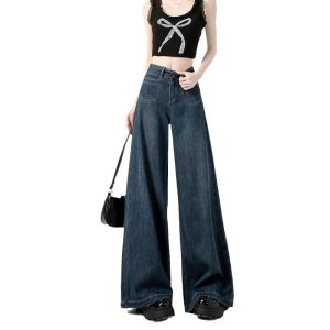 Dark blue wide-leg jeans women's pre-autumn thin 2024 new loose drape floor-length straight-leg pants spring and autumn