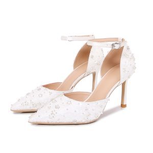 2023 summer new French hollow sandals women's white straight strap sequenced high heeled sandals pointed toe stiletto wedding shoes