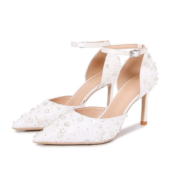 2023 summer new French hollow sandals women's white straight strap sequenced high heeled sandals pointed toe stiletto wedding shoes - Image 5