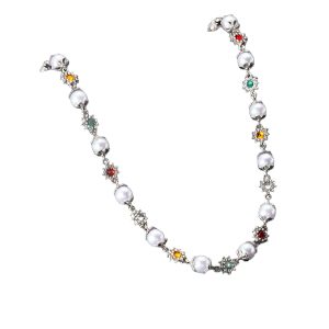 European and American new hip-hop niche diamond-encrusted pearl splicing necklace women's design sense pearl colored diamond flower necklace wholesale