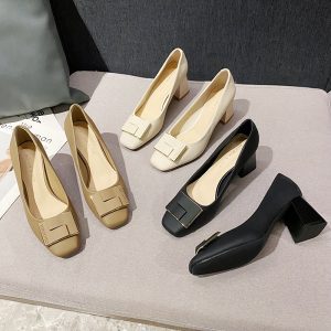 Square buckle thick heel single shoes women's 2025 new spring and autumn square toe high heels medium heel French plus size shoes women's G6850-39