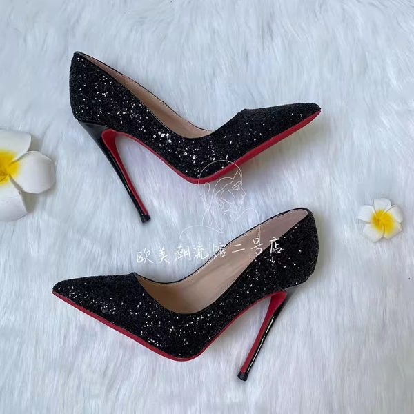 Black Red Sole High Heels Women's Stiletto Heels Fall/Winter 2023 New Sequin Crystal Wedding Shoes Pointed-toe Professional Sexy Singles - Image 4