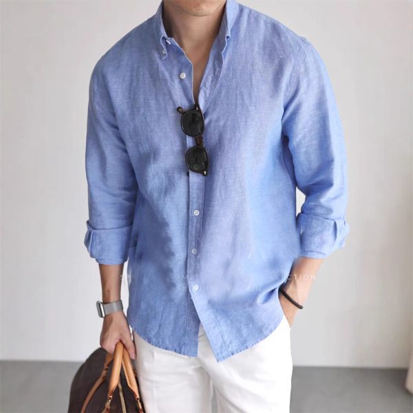 American cotton and linen cargo shirt men's breathable slim long sleeve business casual commuter shirt linen sun protection cardigan thin