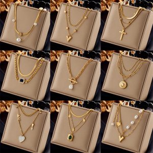 Cross-border fashion minimalist design vintage stainless steel multi-layer chain cross love pearl pendant necklace for women