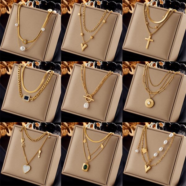 Cross-border fashion minimalist design vintage stainless steel multi-layer chain cross love pearl pendant necklace for women