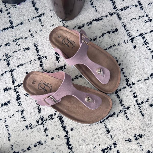 Women's new sandals, cowhide, genuine leather, cork, summer flip-flops, wooden slippers, beach shoes, clip feet, beach non-slip