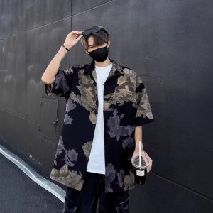 Loose American retro trendy brand short-sleeved flower shirt men's new Chinese style Hong Kong style high-end ruffian handsome shirt men's new products