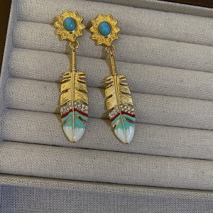 French designer bohemian feather earrings dripping oil copper plated real gold plated exotic turquoise earrings