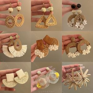 The Covenant of the Island Sea ~ Retro Exaggerated Geometric Grass and Vine Woven Earrings Resort Style 2025 New Explosive Bamboo and Rattan Earrings