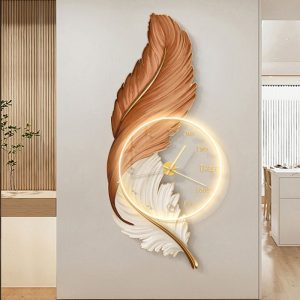 Modern light luxury acrylic feather porch decorative painting entrance hallway background wall LED wall lamp hanging picture with clock
