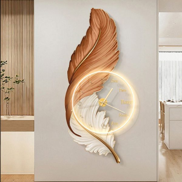 Modern light luxury acrylic feather porch decorative painting entrance hallway background wall LED wall lamp hanging picture with clock - Image 3