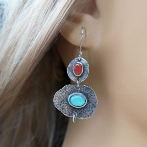 Rong Yu Bohemian mint chalcedony and faux coral earrings Creative asymmetrical vintage Thai silver earrings