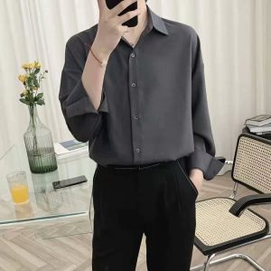 Spot men's Korean version trend black long-sleeved shirt men's 2022 spring casual inch jacket is a very fairy shirt