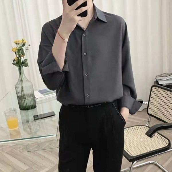 Spot men's Korean version trend black long-sleeved shirt men's 2022 spring casual inch jacket is a very fairy shirt - Image 4