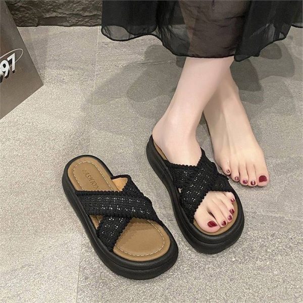 Vintage platform Birkenstocks, beach resort sandals, cross-strapped knitted women's shoes, summer outerwear, new 2025 - Image 3