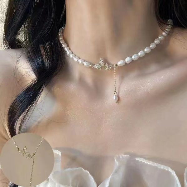 Natural freshwater pearl necklace women's micro-inlaid zircon butterfly pendant light luxury fashion niche necklace wholesale