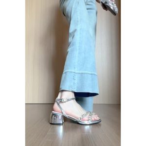 Stunning silver strap-on medium block heel sandals women's 2025 new summer with skirt fairy style French high heels