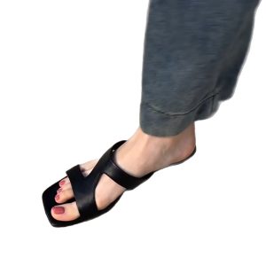 Sheepskin version ~ versatile black niche Z-shaped with open toe sandals women's summer minimalist leather comfortable high-heeled sandals