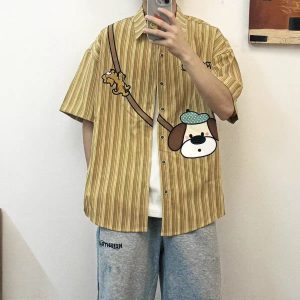American retro trendy brand cartoon anime short-sleeved shirt men's summer thin loose and versatile casual shirt jacket men
