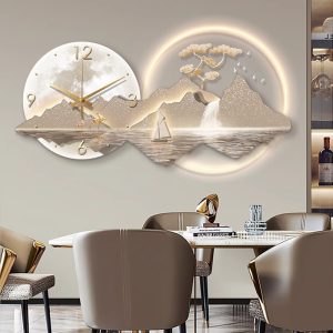 Rizhao Jinshan Restaurant is decorated with light luxury, high-end atmosphere, dining room with clock, hanging wall, living room, creative wall clock