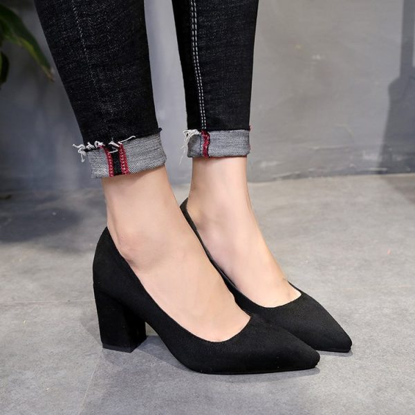 Interview: black high heels, women's pointed toe, work occupation, office work shoes, thick heels, high heels, suede, etiquette shoes