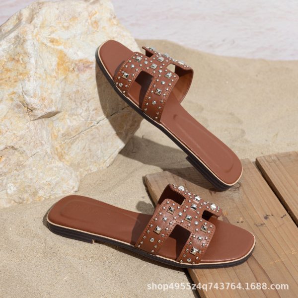 Cowhide 2025 new H slippers for women to wear flip-flops in summer, fashionable and versatile flat beach sandals - Image 3