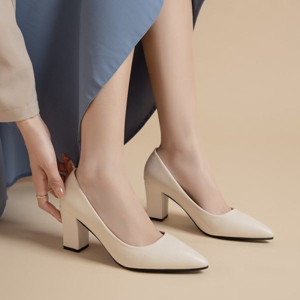 Thick heels pointed toe high heels women's comfortable work etiquette business formal wear Korean version solid color leather shoes four seasons in stock - Image 3