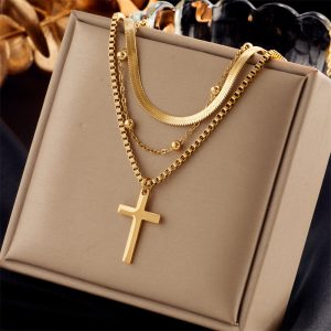 Cross-border fashion minimalist design vintage stainless steel multi-layer chain cross love pearl pendant necklace for women