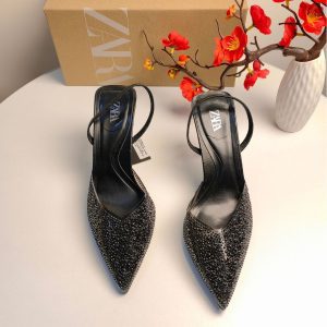 ZA New 2023 Pointed Toe High Heel Pearl Glitter Shallow Stiletto Back Strappy Back Slingback Slingback Fashion Sandals Women