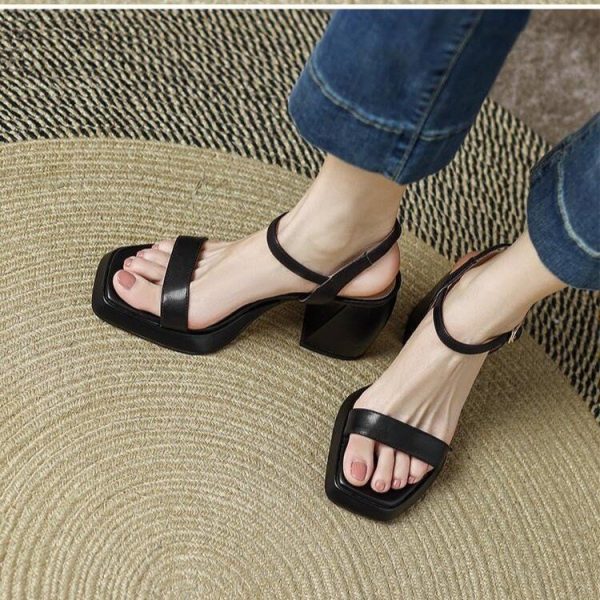 Summer Korean version of simple one-line with open toe, square toe, thick heel women's sandals, ankle straps, fashionable commuter high heels - Image 5