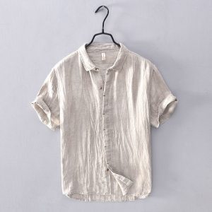 Men's summer casual thin inch shirt breathable loose half sleeve cotton and linen shirt Japanese vintage linen short sleeve shirt