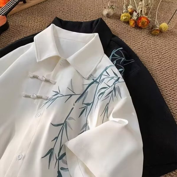 Chinese style shirt, bamboo embroidered shirt, men's antique Tang costume, plate buckle design, short-sleeved shirt jacket
