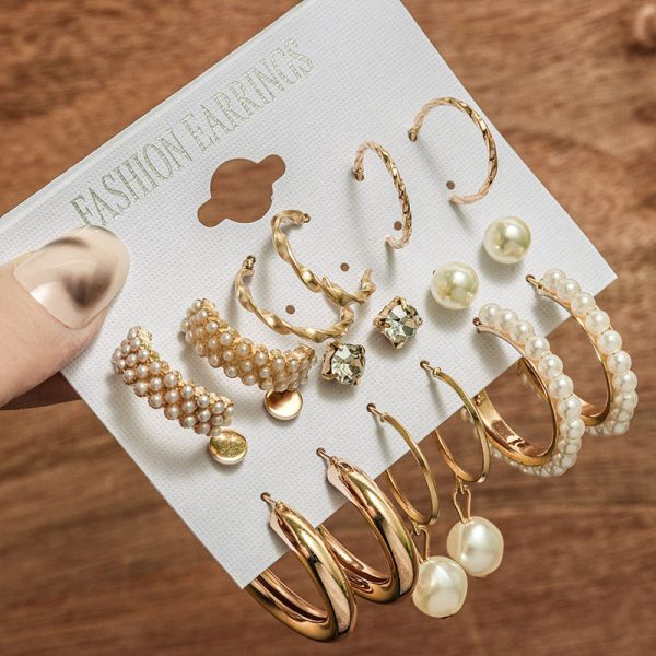 European and American cross-border new pearl inlaid women's earrings Creative French vintage gold earring set 9-piece set