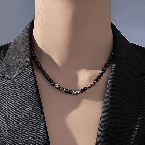 Niche design high-end new stainless steel men's necklace natural tiger's eye map stone beaded OT clasp necklace - Image 3