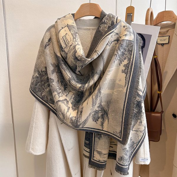 Autumn and winter new European retro oil painting landscape painting elegant fashion high-end women's imitation cashmere warm scarf - Image 2