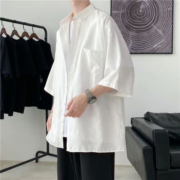 Summer solid color short-sleeved shirt, men's Korean version, trendy, versatile, loose, Hong Kong-style, Japanese-style literary bf, five-quarter sleeve top