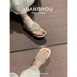 Sheepskin version ~ bohemian sandals, women's pearls, rhinestones, temperament, celebrities, noblewomen, slippers, women's wear high-end shoes
