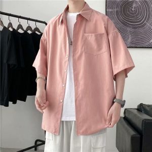 Summer solid color short-sleeved shirt, men's Korean version, trendy, versatile, loose, Hong Kong-style, Japanese-style literary bf, five-quarter sleeve top