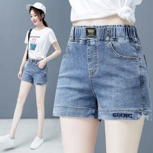High-waisted denim shorts women's 2025 summer new Korean version of plus-size slimming elastic wide-leg pants with embroidered hot pants