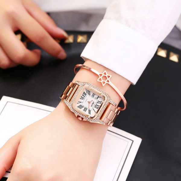 Cross Border New Square Women Steel Band Watch Fashion Roman Diamond Gold Men's Watch Alloy Quartz Watch - Image 4